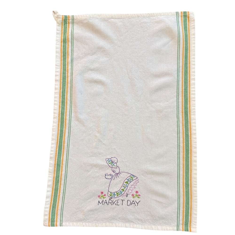 Vintage Market Day Embroidered Tea Towel White Green Yellow Stripe Cotton